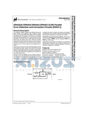 DP8404 datasheet - DP8402A/DP8403/DP8404/DP8405 32-Bit Parallel Error Detection and Correction Circuits (EDACs)