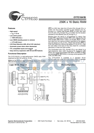 CY7C1041B-15VI datasheet - 256K x 16 Static RAM