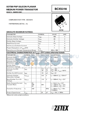 BCX5316 datasheet - PNP SILICON PLANAR MEDIUM POWER TRANSISTOR