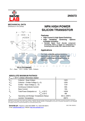 2N5672 datasheet - NPN HIGH POWER SILICON TRANSISTOR