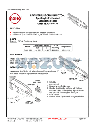 0621000100 datasheet - LFH FERRULE CRIMP HAND TOOL Operating Instruction and Specification Sheet