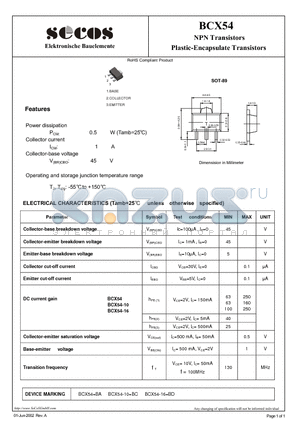 BCX54 datasheet - Plastic-Encapsulate Transistors