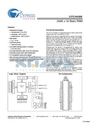 CY7C1041BN-20ZC datasheet - 256K x 16 Static RAM