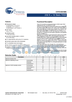 CY7C1041BNL-15ZXC datasheet - 256 K x 16 Static RAM 2.0 V data retention (400 uW at 2.0 V retention)