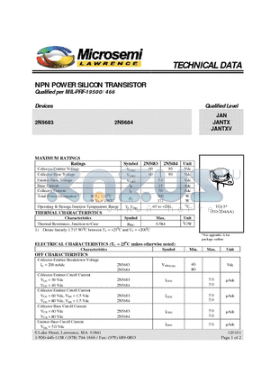 2N5684 datasheet - NPN POWER SILICON TRANSISTOR