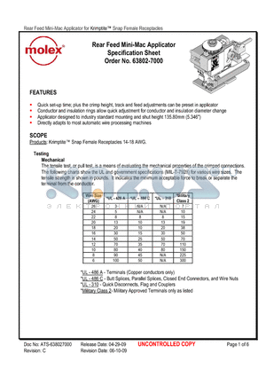 0638027000 datasheet - Rear Feed Mini-Mac Applicator Specification Sheet