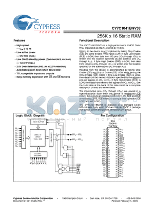 CY7C1041BNV33-15VXI datasheet - 256K x 16 Static RAM