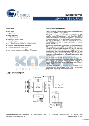 CY7C1041BNV33_11 datasheet - 256 K x 16 Static RAM Low CMOS standby power 1.8 mW (max.)