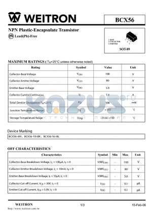 BCX56 datasheet - NPN Plastic-Encapsulate Transistor