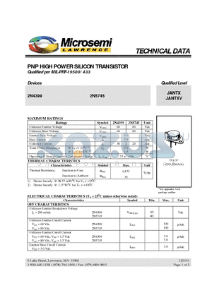 2N5745 datasheet - PNP HIGH POWER SILICON TRANSISTOR