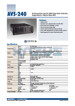 AVS-240 datasheet - 4U Rackmount Xeon E5-2400 Video Wall Controller, Supporting 21 Matrox Mura MPX