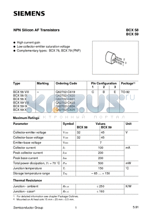 BCX58BCX59 datasheet - NPN Silicon AF Transistors (High current gain Low collector-emitter saturation voltage)