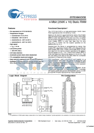 CY7C1041CV33-10ZI datasheet - 4-Mbit (256K x 16) Static RAM