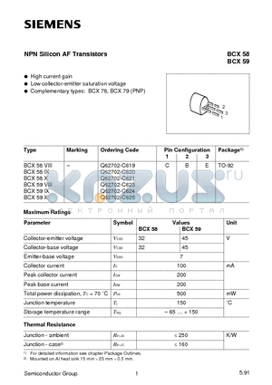 BCX59 datasheet - NPN Silicon AF Transistors (High current gain Low collector-emitter saturation voltage)