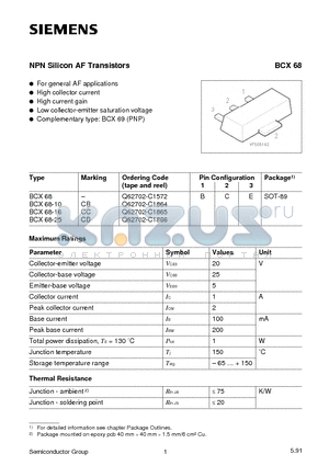 BCX68-10 datasheet - NPN Silicon AF Transistors (For general AF applications High collector current)