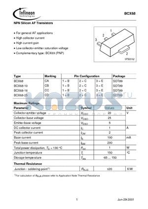 BCX68-10 datasheet - NPN Silicon AF Transistors