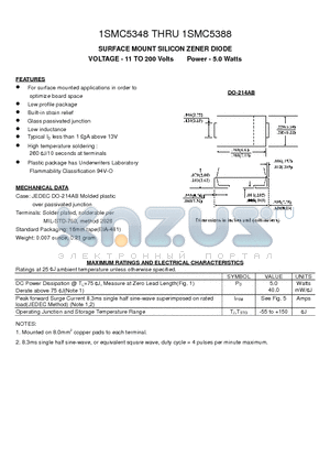 1SMC5349 datasheet - SURFACE MOUNT SILICON ZENER DIODE(VOLTAGE - 11 TO 200 Volts Power - 5.0 Watts)