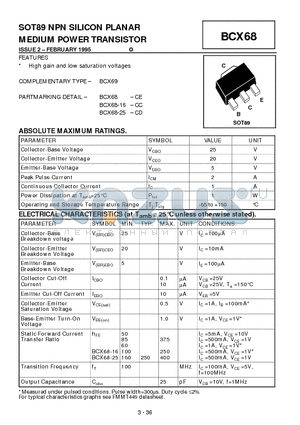 BCX68-25 datasheet - NPN SILICON PLANAR MEDIUM POWER TRANSISTOR