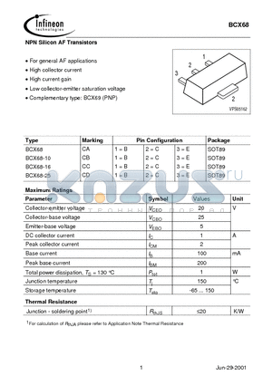 BCX68-25 datasheet - NPN Silicon AF Transistors