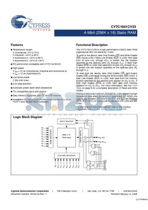 CY7C1041CV33-12ZXC datasheet - 4-Mbit (256K x 16) Static RAM