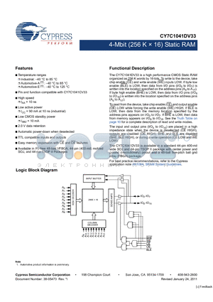 CY7C1041DV33-10BVXI datasheet - 4-Mbit (256 K  16) Static RAM