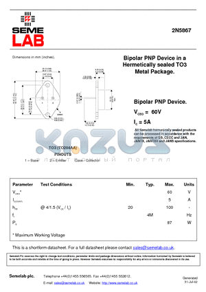 2N5867 datasheet - Bipolar PNP Device in a Hermetically sealed TO3 Metal Package
