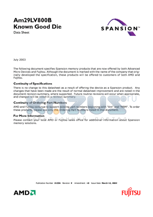 AM29LV800B datasheet - 8 Megabit (1 M x 8-Bit/512 K x 16-Bit) CMOS 3.0 Volt-only, Boot Sector Flash Memory- Die Revision 2