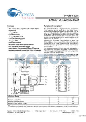 CY7C1046DV33-10VXI datasheet - 4-Mbit (1M x 4) Static RAM