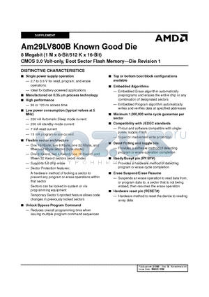 AM29LV800B-1 datasheet - 8 Megabit (1 M x 8-Bit/512 K x 16-Bit) CMOS 3.0 Volt-only, Boot Sector Flash Memory-Die Revision 1