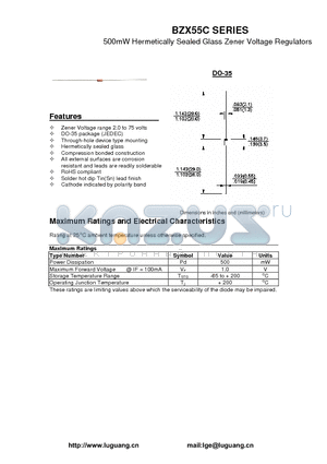 BZX55C datasheet - 500mW Hermetically Sealed Glass Zener Voltage Regulators