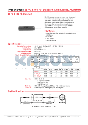 066101U300GP2 datasheet - Type 066/066R 85 `C & 105 `C, Standard, Axial Leaded, Aluminum