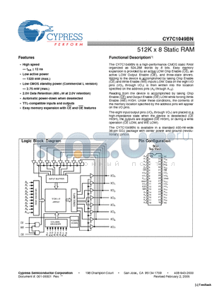 CY7C1049BN datasheet - 512K x 8 Static RAM