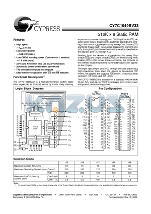 CY7C1049BV33-15ZI datasheet - 512K x 8 Static RAM