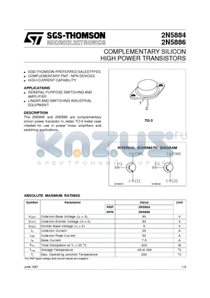 2N5886 datasheet - COMPLEMENTARY SILICON HIGH POWER TRANSISTORS