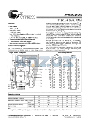 CY7C1049BV33L-25ZC datasheet - 512K x 8 Static RAM