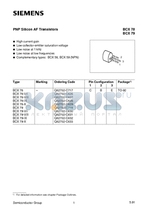 BCX79-VIII datasheet - PNP Silicon AF Transistors (High current gain Low collector-emitter saturation voltage)