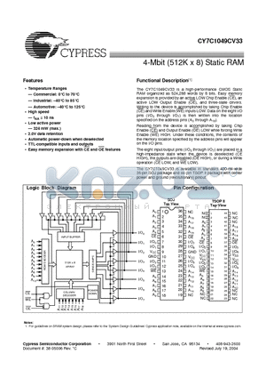 CY7C1049CV33-10VC datasheet - 512K x 8 Static RAM