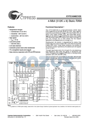 CY7C1049CV33-10ZXC datasheet - 4-Mbit (512K x 8) Static RAM