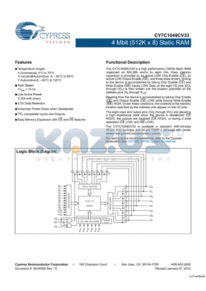 CY7C1049CV33-10VXC datasheet - 4 Mbit (512K x 8) Static RAM