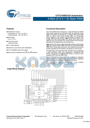 CY7C1049CV33-15ZSXE datasheet - 4-Mbit (512 K  8) Static RAM TTL-compatible inputs and outputs