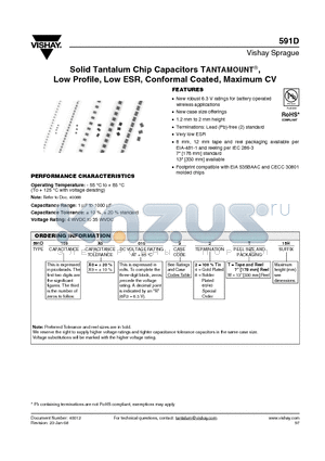 591D227X_016R2_20H datasheet - Solid Tantalum Chip Capacitors TANTAMOUNT^, Low Profile, Low ESR, Conformal Coated, Maximum CV