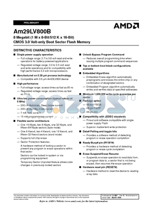 AM29LV800BB70REIB datasheet - 8 Megabit (1 M x 8-Bit/512 K x 16-Bit) CMOS 3.0 Volt-only Boot Sector Flash Memory