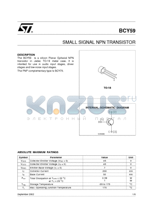 BCY59 datasheet - SMALL SIGNAL NPN TRANSISTORxbitm