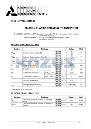 BCY59 datasheet - SILICON PLANAR EPITAXIAL TRANSISTORS