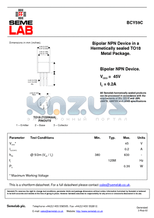 BCY59C datasheet - Bipolar NPN Device in A Hermetically sealed TO18 Metal Package