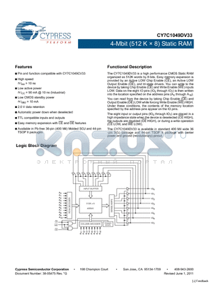 CY7C1049DV33-10VXI datasheet - 4-Mbit (512 K x 8) Static RAM Automatic power down when deselected