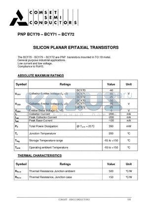 BCY70 datasheet - SILICON PLANAR EPITAXIAL TRANSISTORS