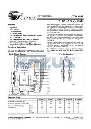 CY7C1049L-15VC datasheet - 512K x 8 Static RAM