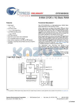 CY7C1051DV33-10ZSXI datasheet - 8-Mbit (512K x 16) Static RAM