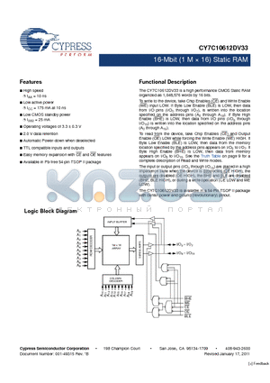 CY7C10612DV33-10ZSXI datasheet - 16-Mbit (1 M  16) Static RAM